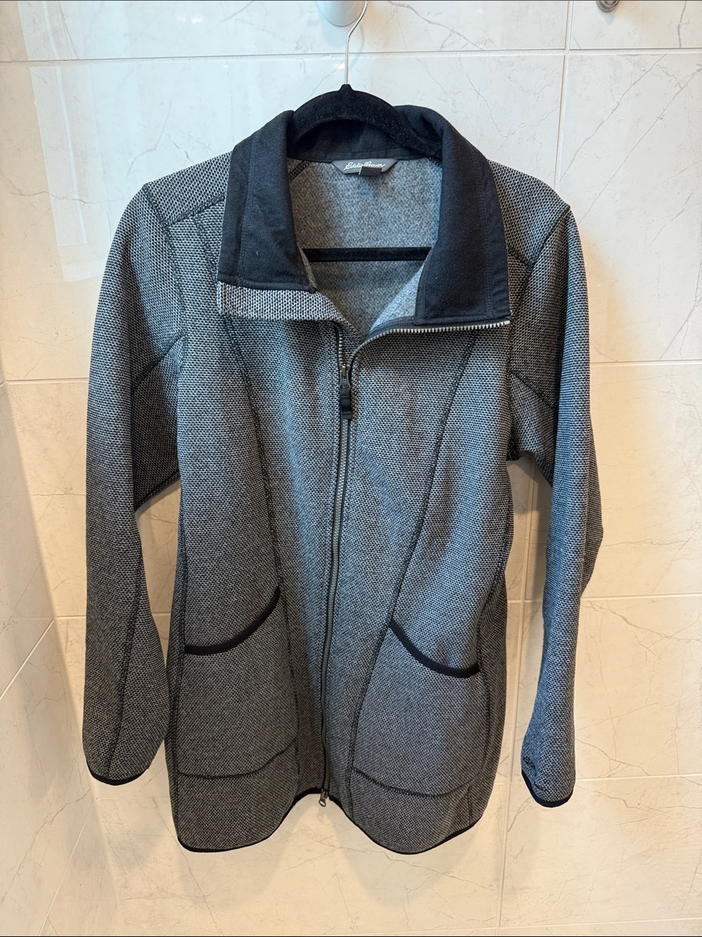 Eddie Bauer Gray Knit Zip-Front Blazer with Black Trim